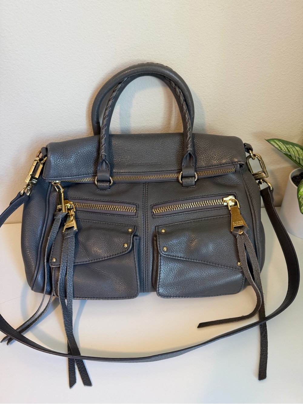 Aimee Kestenberg Gray Leather Moto Handbag with Gold Hardware